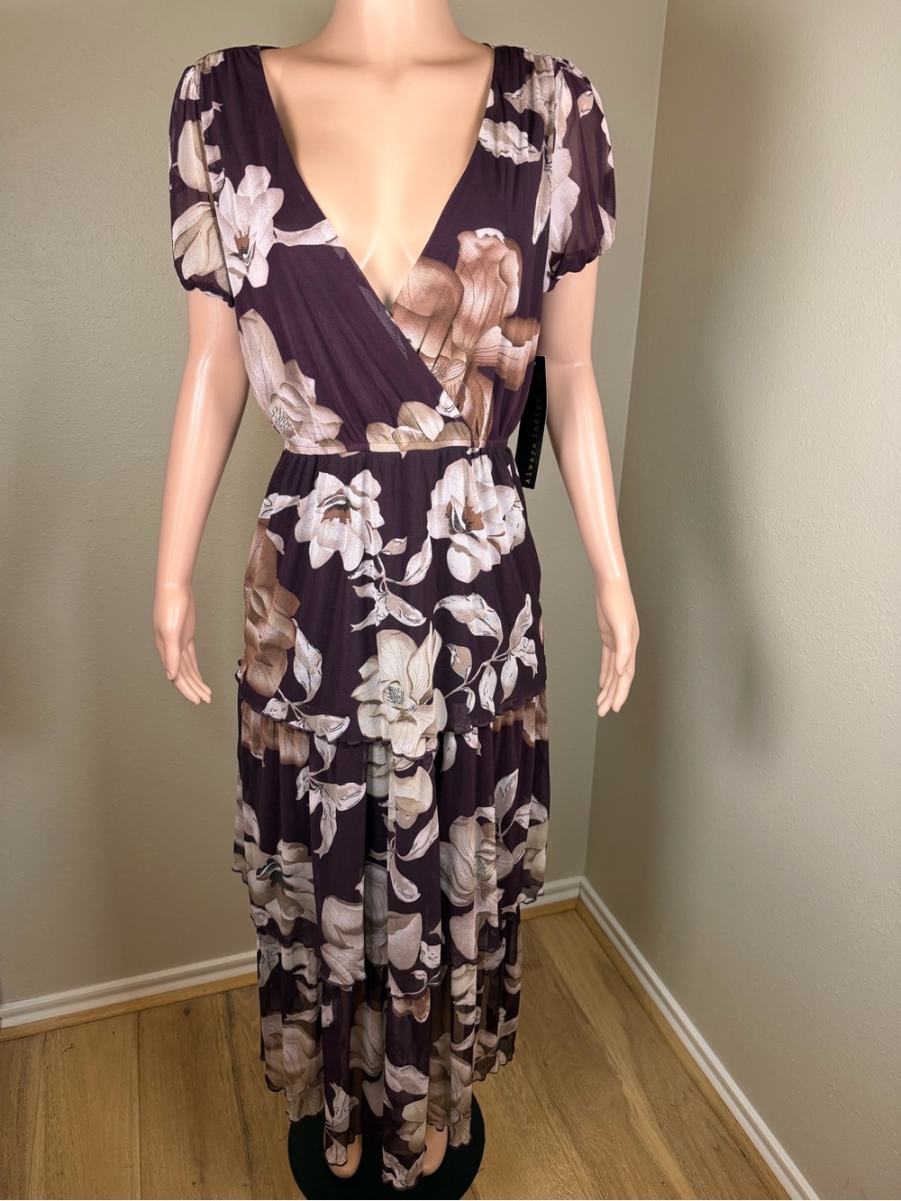 Always Indigo Plum Floral Tiered Maxi Dress Size L